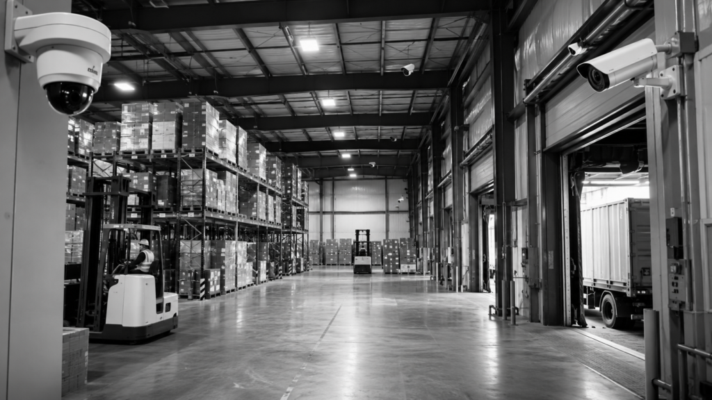 Warehouse security cameras monitoring inventory and storage areas
