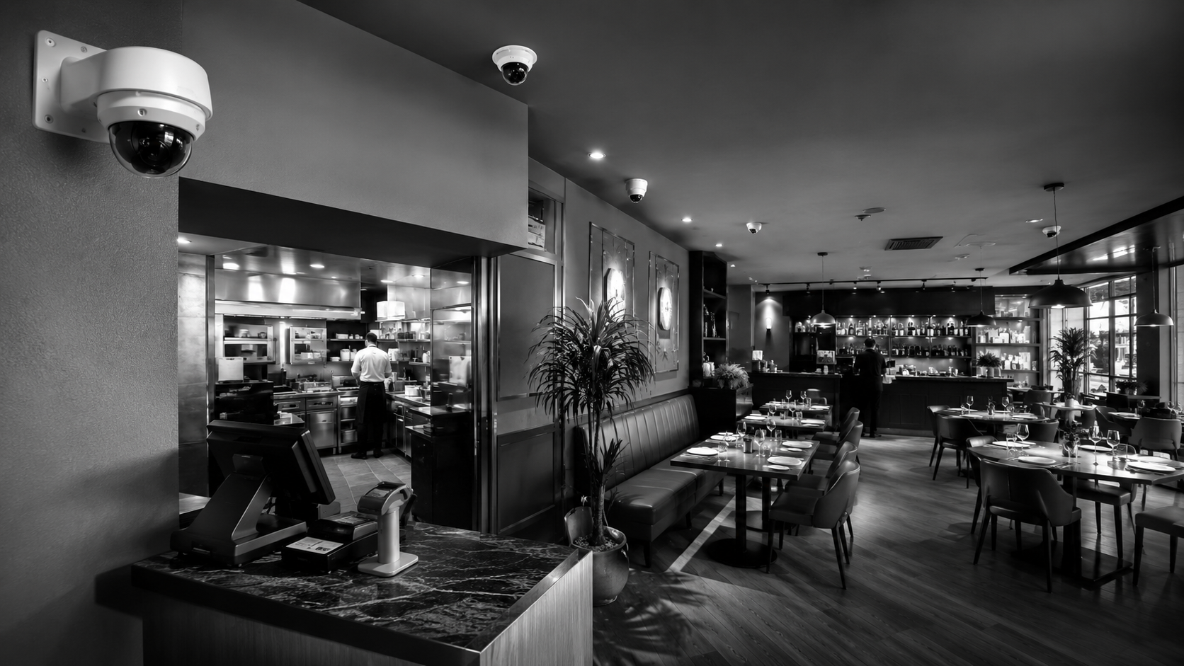 Restaurant security cameras monitoring dining areas, entrances, and kitchen operations