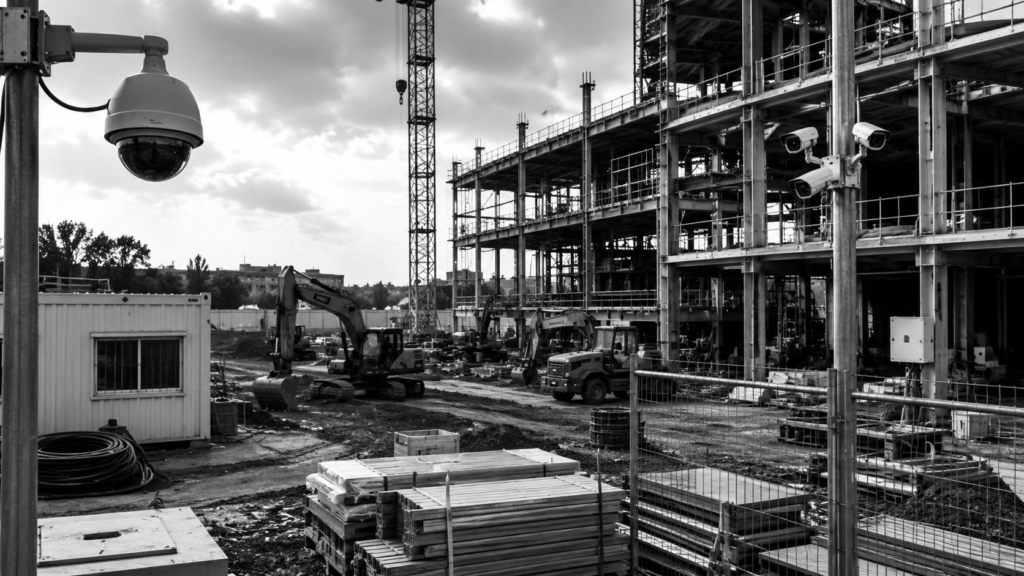 Security cameras monitoring a construction site with heavy equipment and building materials