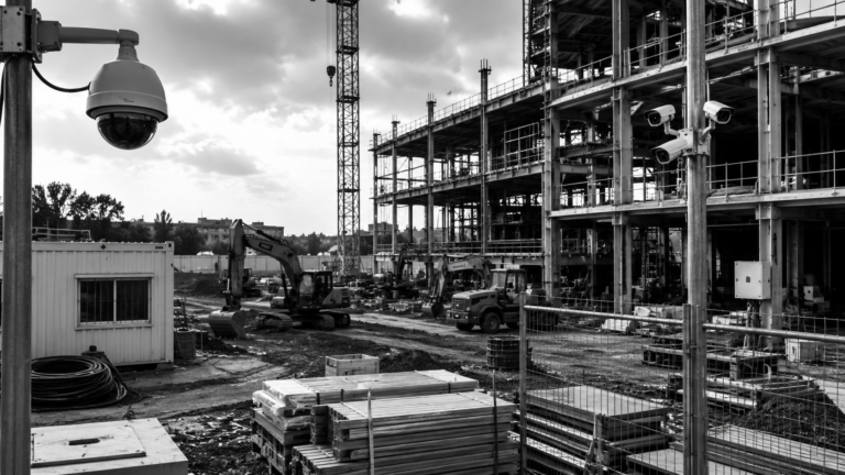 Security cameras monitoring a construction site with heavy equipment and building materials