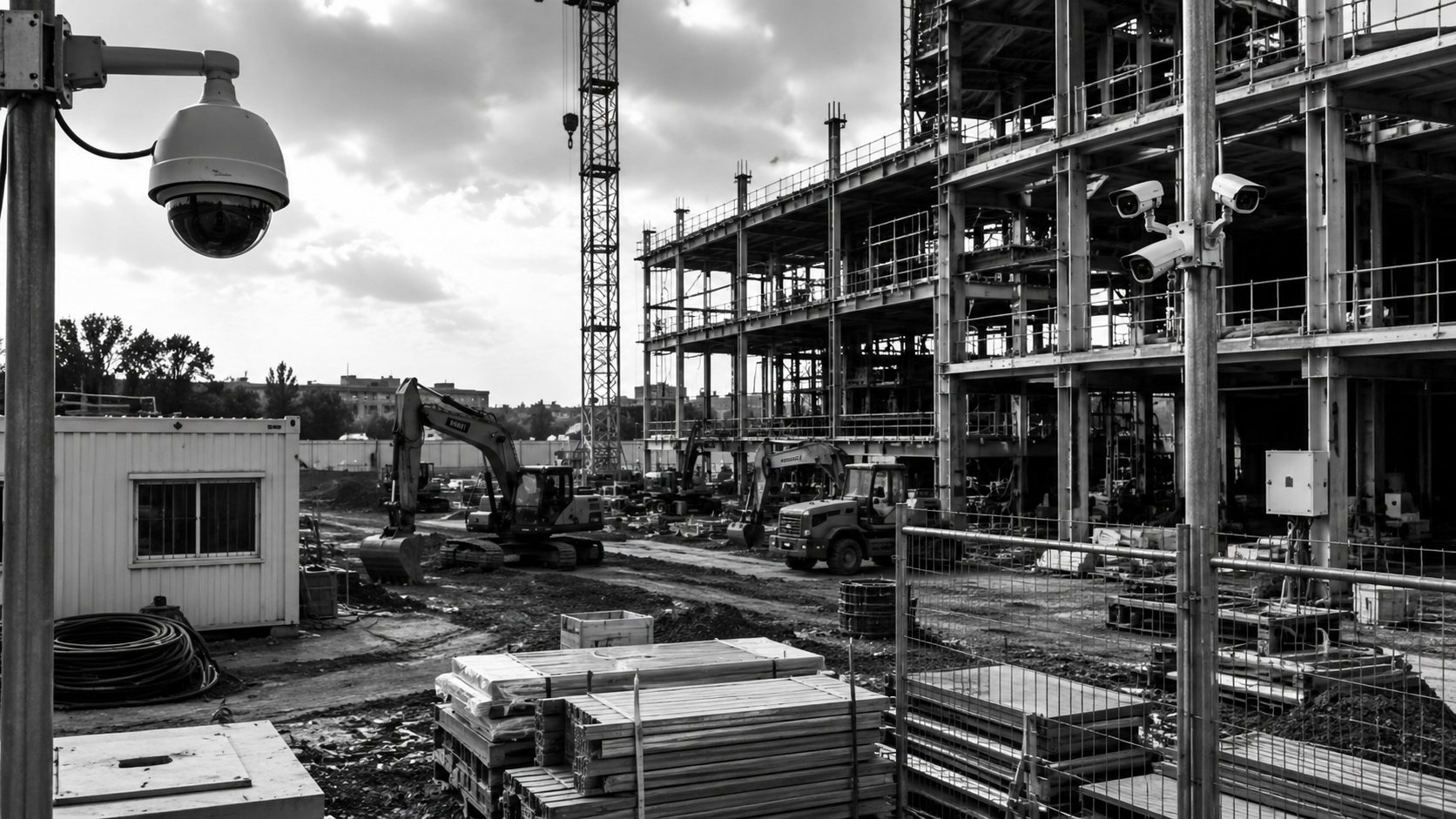 Security cameras monitoring a construction site with heavy equipment and building materials