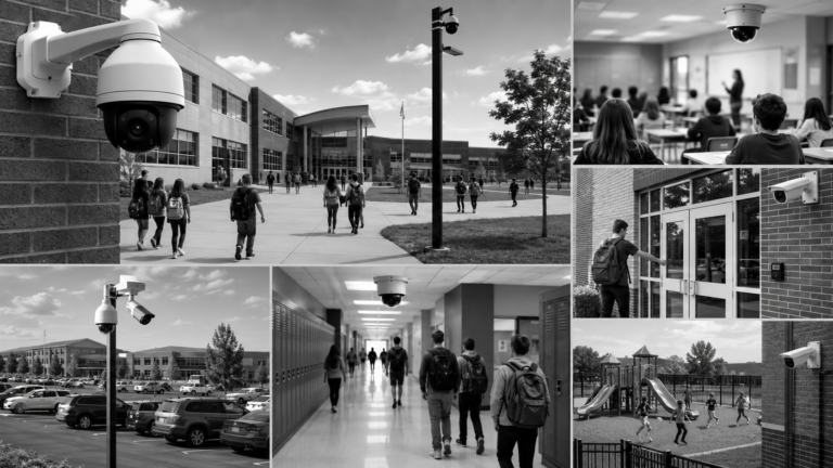 Security cameras monitoring a modern school campus with classrooms, playgrounds, and parking areas
