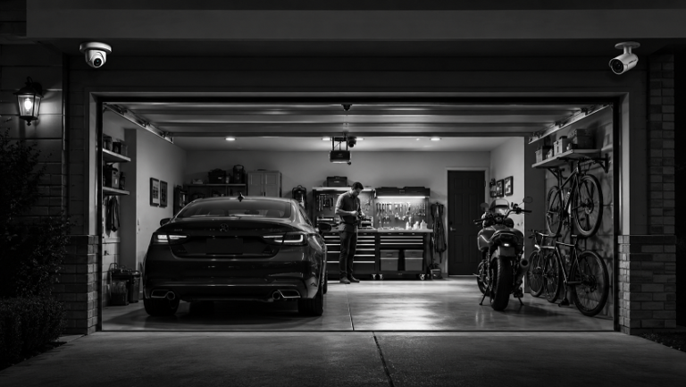 Best security cameras for garages monitoring a modern residential garage with vehicles, tools, and driveway entrance