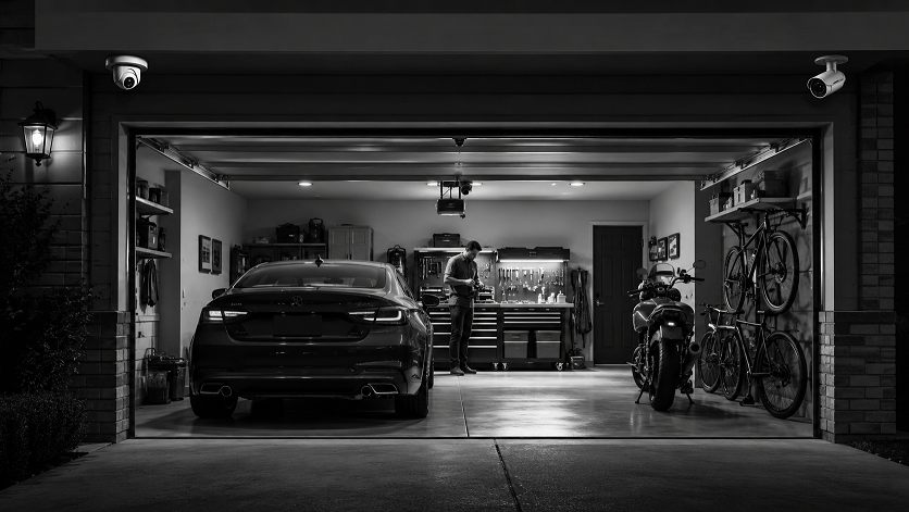 Best security cameras for garages monitoring a modern residential garage with vehicles, tools, and driveway entrance