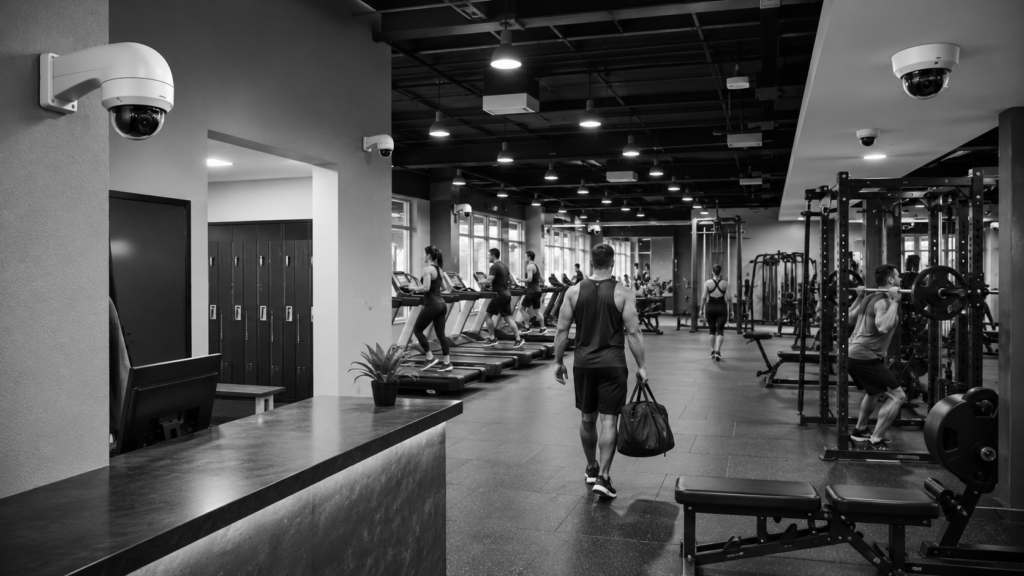 Best security cameras for gyms in a modern fitness center with surveillance cameras protecting workout areas and gym equipment