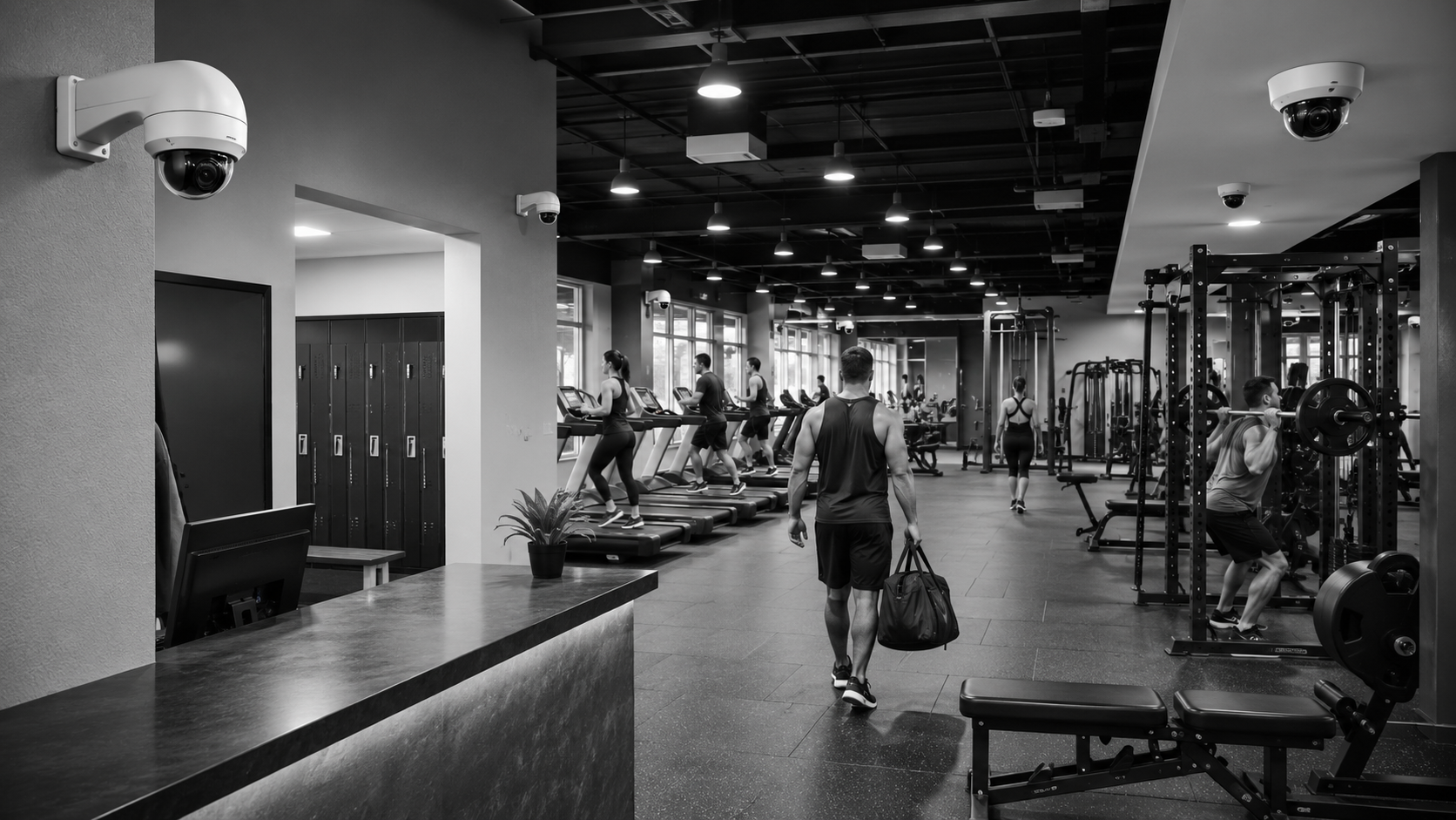 Best security cameras for gyms in a modern fitness center with surveillance cameras protecting workout areas and gym equipment