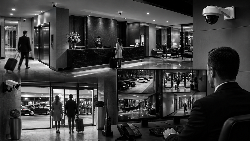 Best security cameras for hotels monitoring a modern hotel lobby reception area and guest entrances