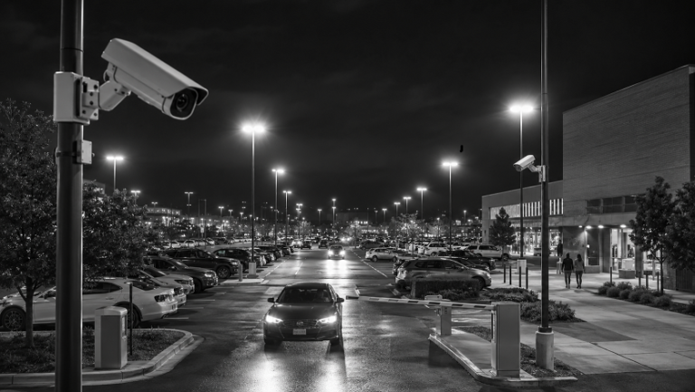 Best security cameras for parking lots monitoring a commercial parking area with vehicles and entrances