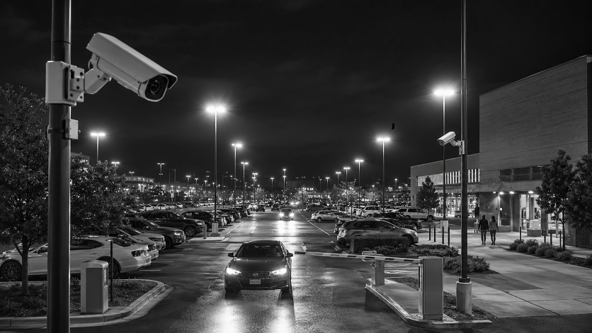 Best security cameras for parking lots monitoring a commercial parking area with vehicles and entrances