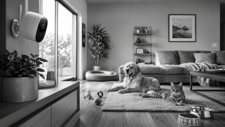 Best security cameras for pet owners monitoring a dog and cat inside a modern home living room