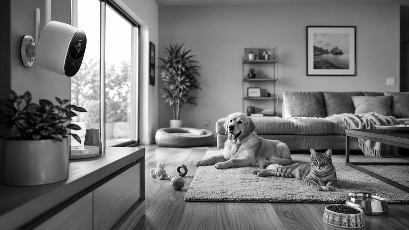 Best security cameras for pet owners monitoring a dog and cat inside a modern home living room