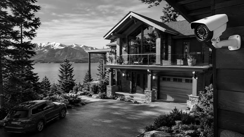 Best security cameras for vacation homes monitoring a modern vacation property with driveway, entrance, and outdoor surveillance