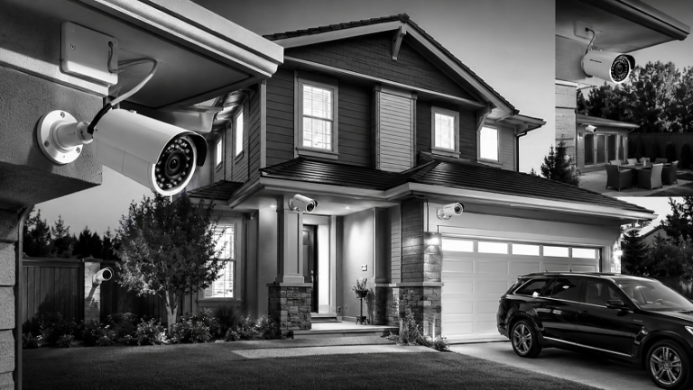 Best PoE security cameras for home installed on a modern house monitoring the driveway, entrance, and backyard