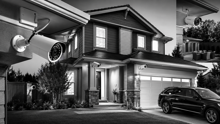 Best PoE security cameras for home installed on a modern house monitoring the driveway, entrance, and backyard