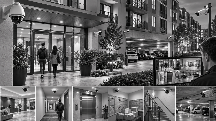 Best security cameras protecting a modern apartment building with professional surveillance