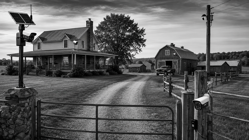 Best security cameras protecting a rural property with farmhouse, barn, and long driveway