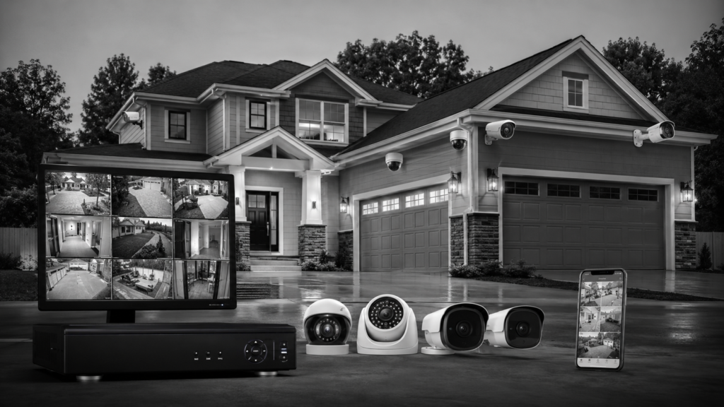 Home security camera system monitoring a modern house