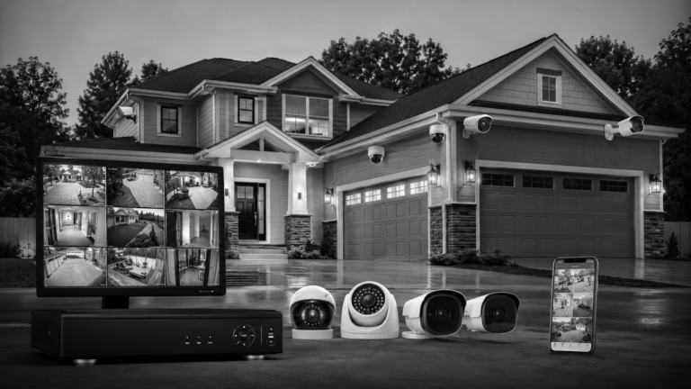 Home security camera system monitoring a modern house