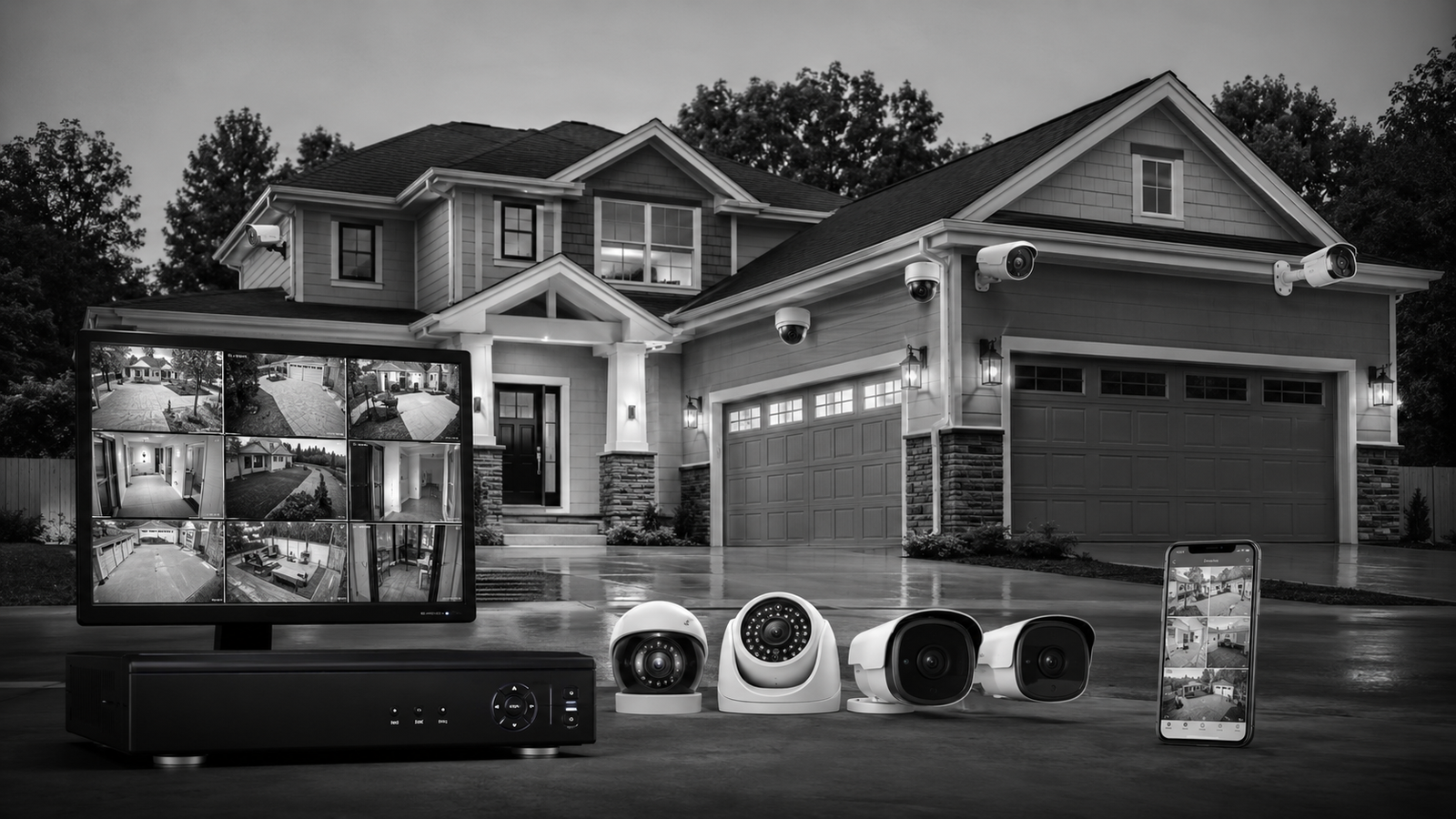 Home security camera system monitoring a modern house