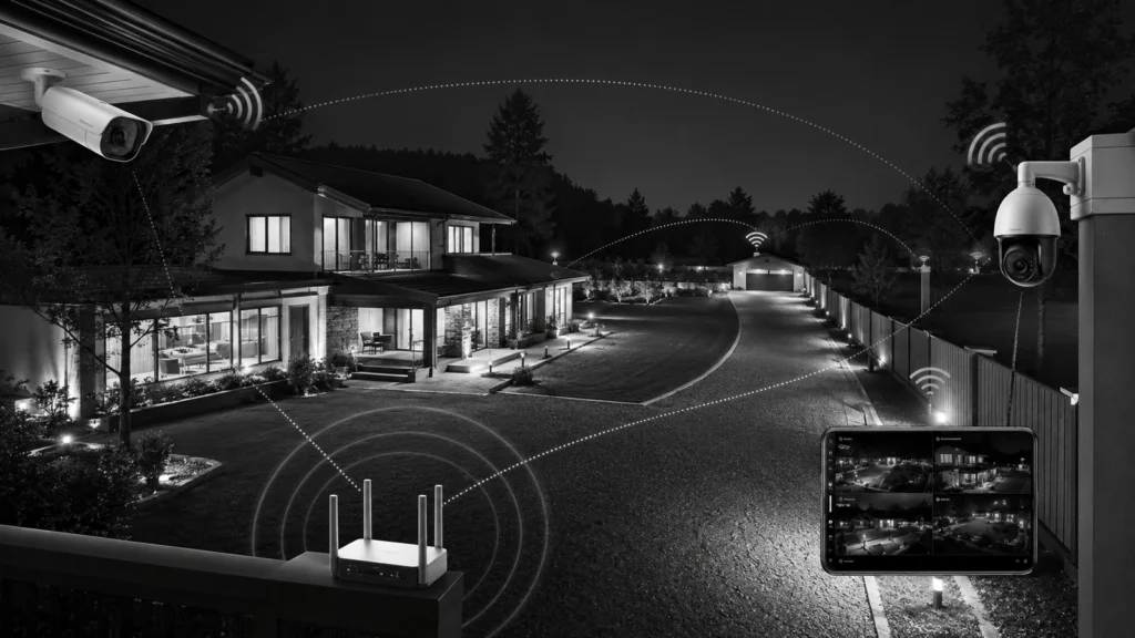 Long-range wireless security cameras monitoring a large property
