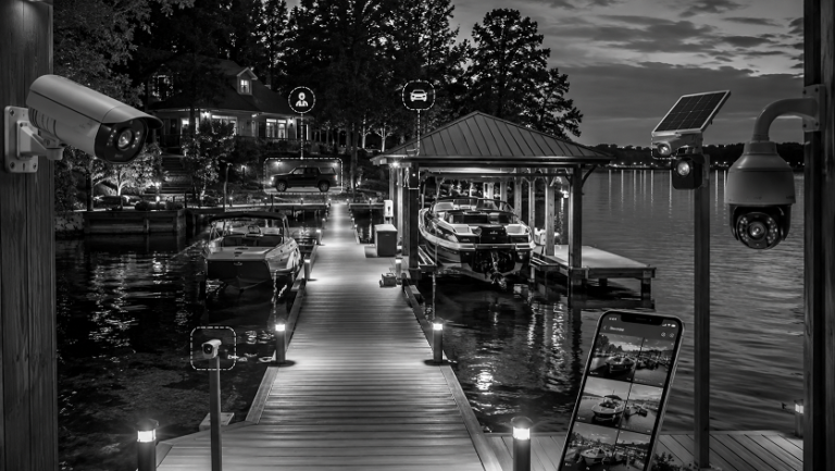 Security cameras monitoring a boat dock and waterfront property