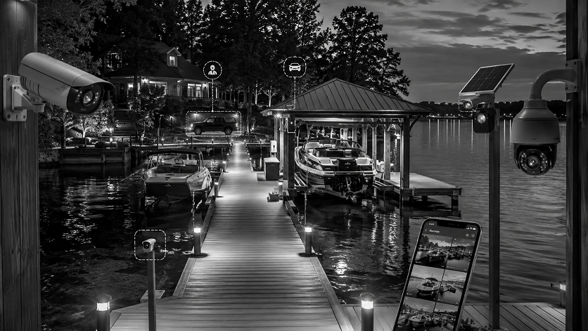 Security cameras monitoring a boat dock and waterfront property
