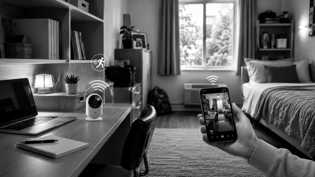 Security camera monitoring a college dorm room