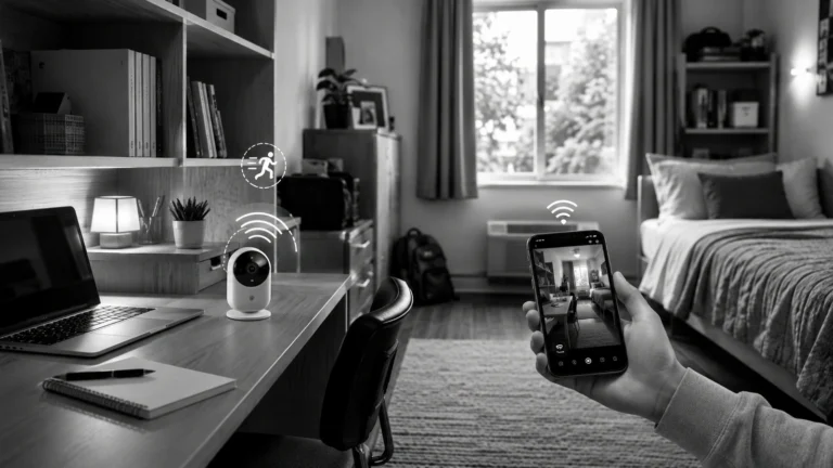 Security camera monitoring a college dorm room