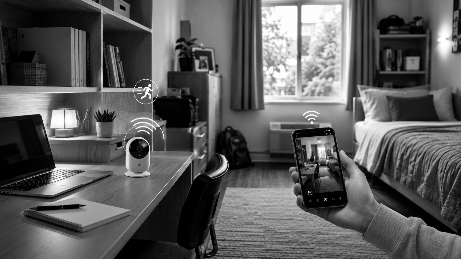 Security camera monitoring a college dorm room