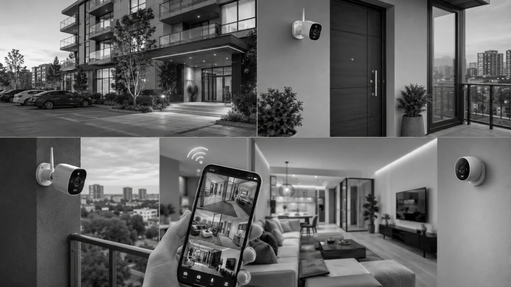 Security cameras protecting a modern condominium