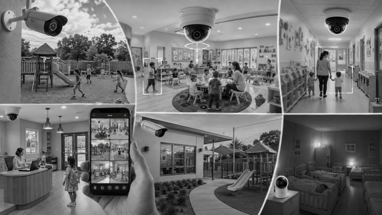 Security cameras protecting classrooms and playgrounds at a modern daycare center in 2026