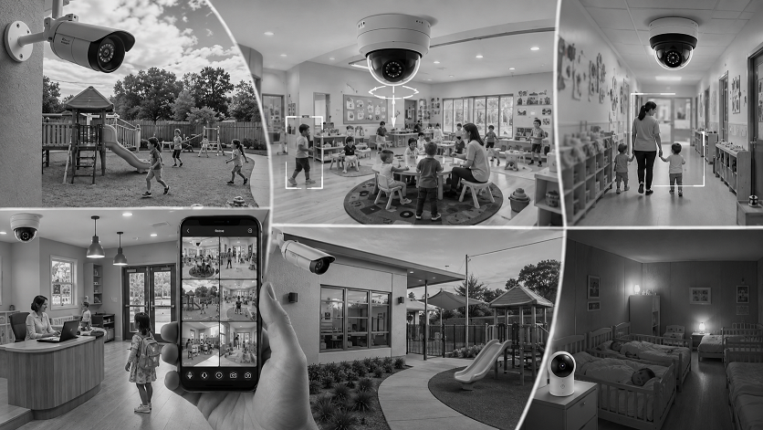 Security cameras protecting classrooms and playgrounds at a modern daycare center in 2026