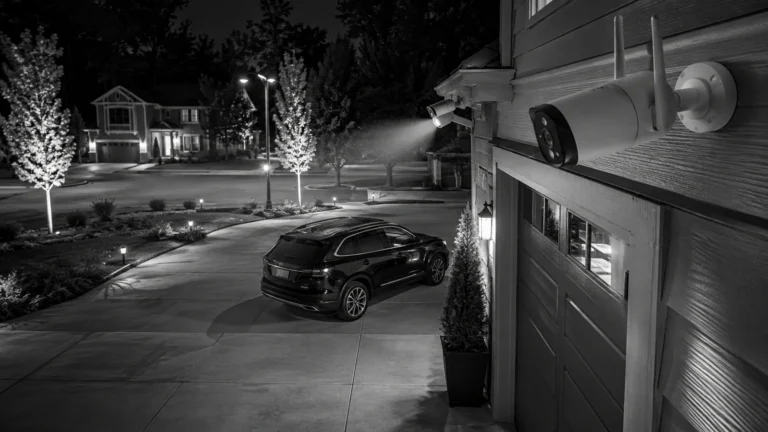 Security camera monitoring a residential driveway