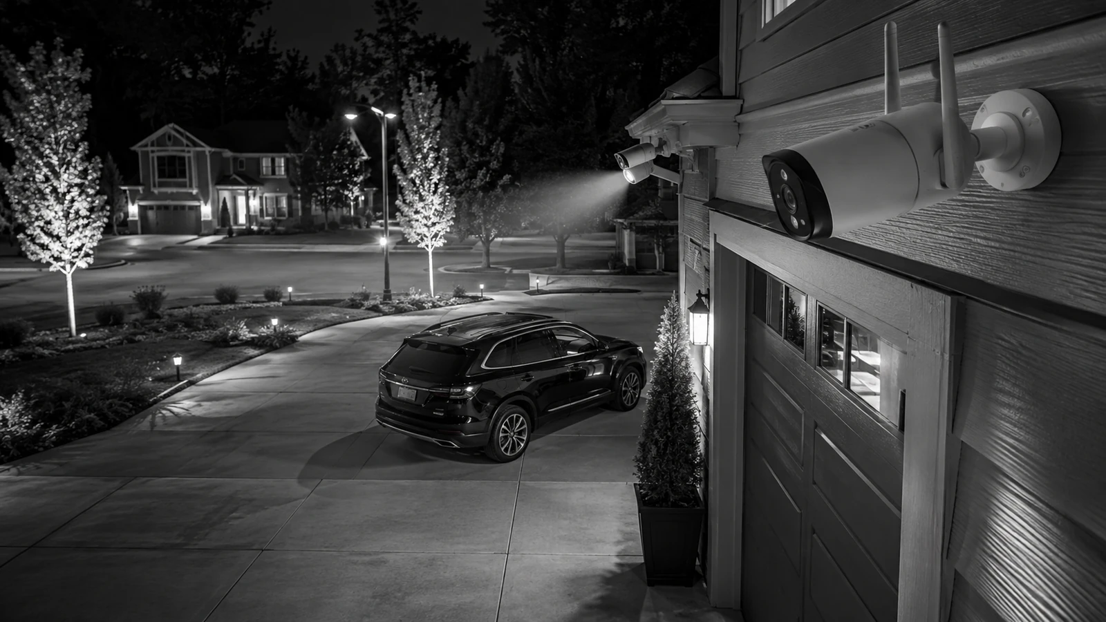 Security camera monitoring a residential driveway