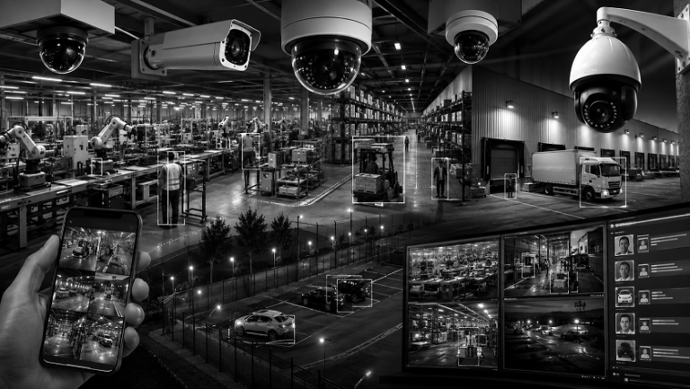 Industrial security cameras monitoring a manufacturing facility in 2026
