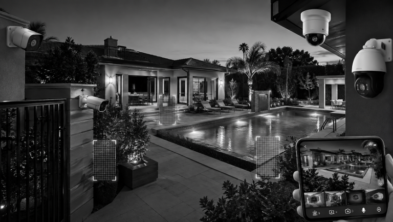 Security cameras monitoring a swimming pool and backyard