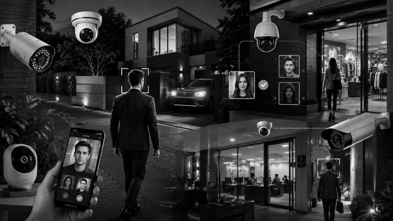 Security cameras using facial recognition and AI detection for property monitoring