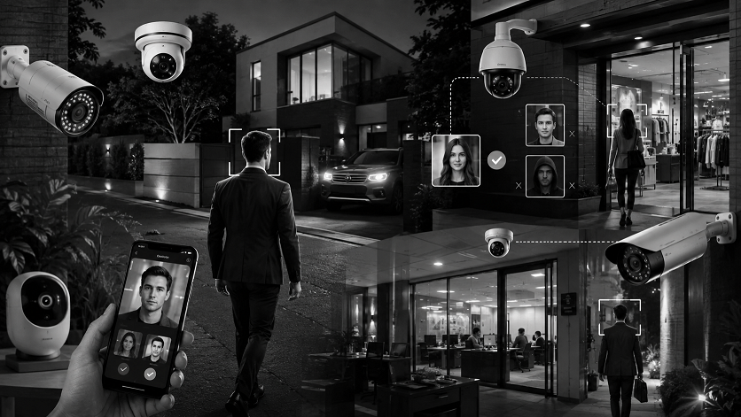 Security cameras using facial recognition and AI detection for property monitoring