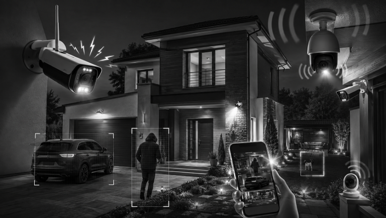 Security cameras with built-in sirens monitoring a home at night