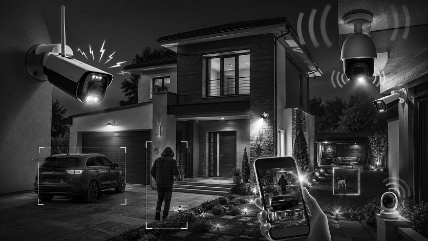 Security cameras with built-in sirens monitoring a home at night