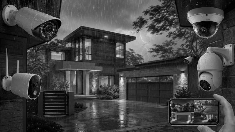 Weatherproof security cameras protecting a home from outdoor weather