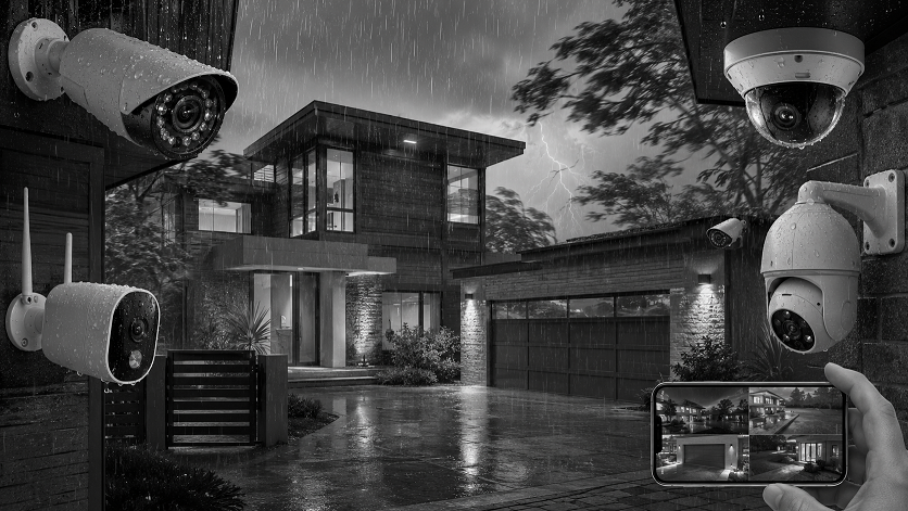 Weatherproof security cameras protecting a home from outdoor weather