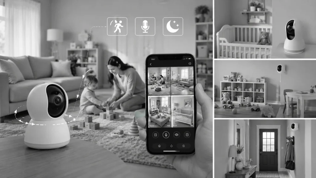 Indoor security camera for nanny and childcare monitoring