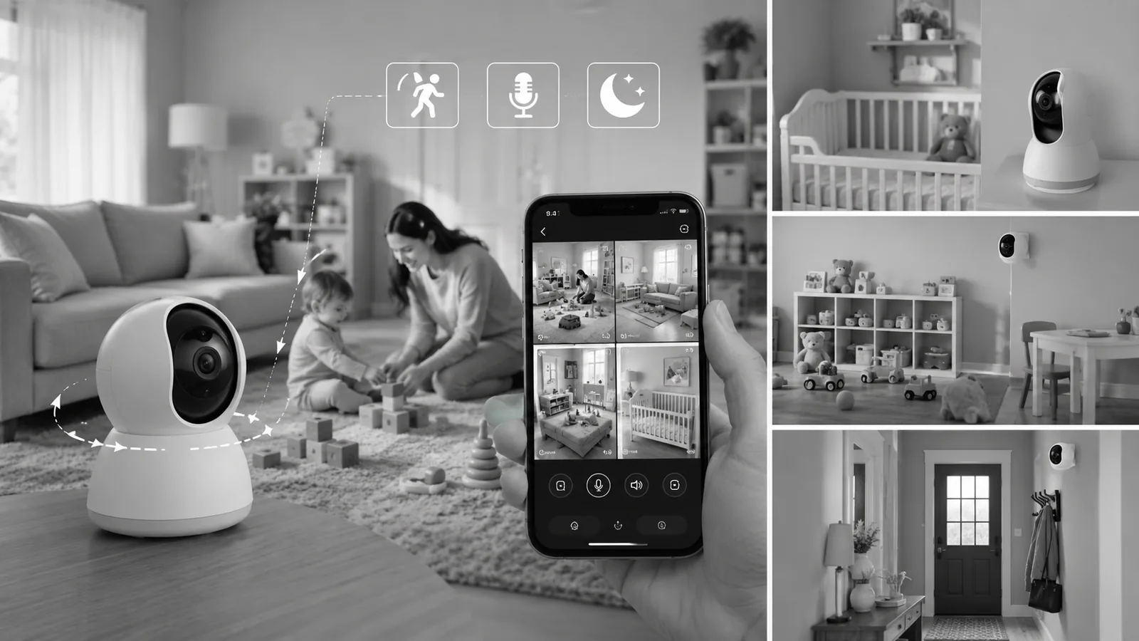Indoor security camera for nanny and childcare monitoring